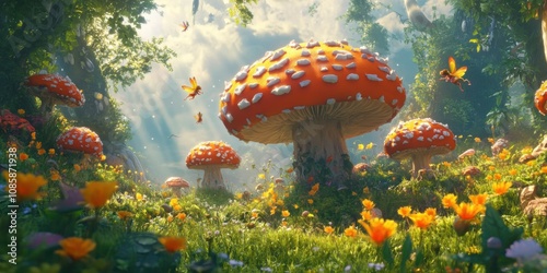 Oversized mushrooms in a whimsical meadow with tiny fairies flying around, fantasy charm, photo