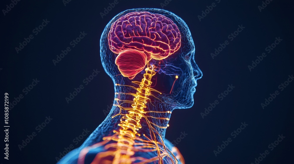 A vibrant, digital representation of a human brain and spinal cord, showcasing intricate neural connections against a dark background.