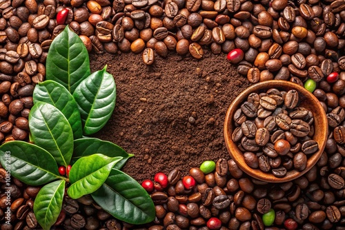 Coffee beans and ground seeds of a tropical shrub photo