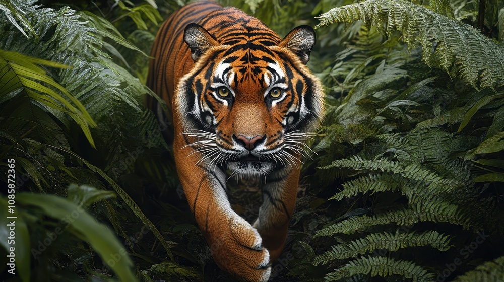 Majestic Tiger Walking Through Lush Green Jungle Majestic Tiger Walking Through Lush Green Jungle