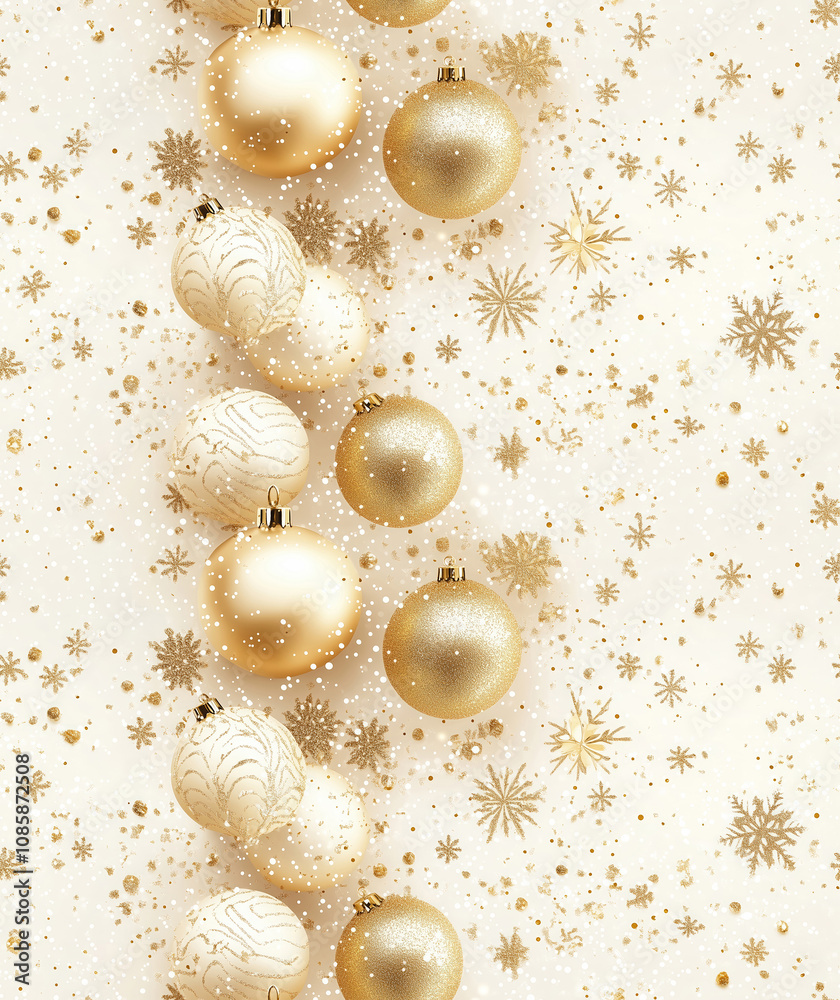 A collection of white and gold Christmas ornaments with glitter and star patterns, surrounded by sparkling lights and snow-like effects. Ideal for luxurious holiday designs, greeting cards A collection of white and gold Christmas ornaments with glitter and star patterns, surrounded by sparkling lights and snow-like effects. Ideal for luxurious holiday designs, greeting cards