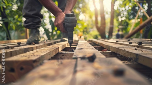 Close-up of a Hand Using a Drill to Screw into a Wooden Structure