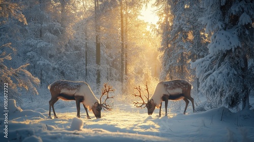 Two Reindeer Grazing in a Snowy Winter Forest