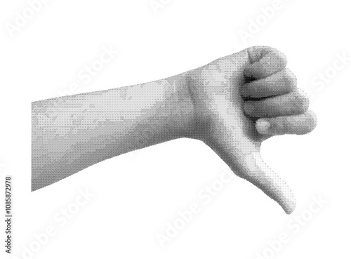 Hand gesture with thumb pointing down, symbolizing disapproval or rejection, isolated in retro halftone dot style. Nostalgic vintage design with grunge texture, inspired by trendy