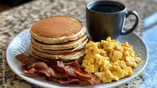 pancake breakfast, stack of fluffy pancakes served with scrambled eggs, crispy bacon, and hash browns, with cup of coffee