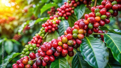 Coffee beans ripening on plantation