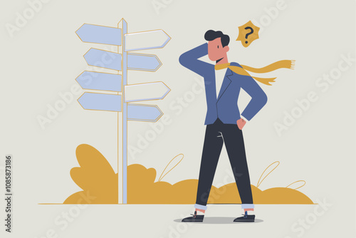 person standing near signpost with question mark vector illustration.