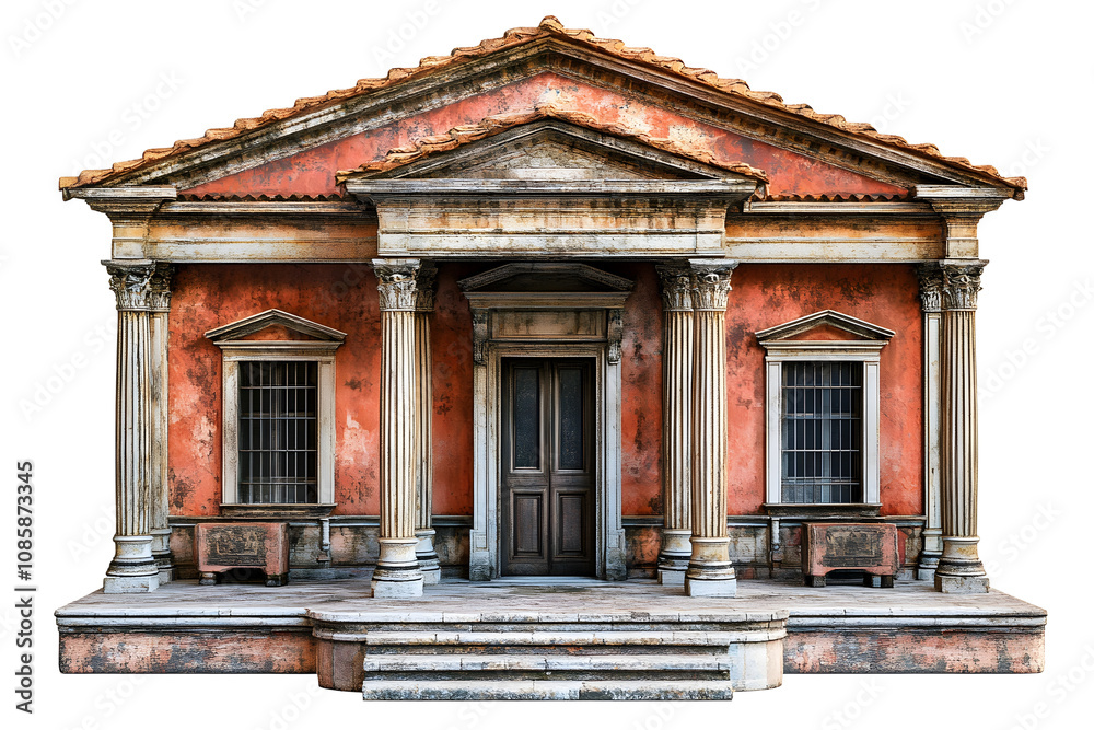 Stately Roman-Style Villa With Ornate Facade and Columns on Isolated White Background Stately Roman-Style Villa With Ornate Facade and Columns on Isolated White Background
