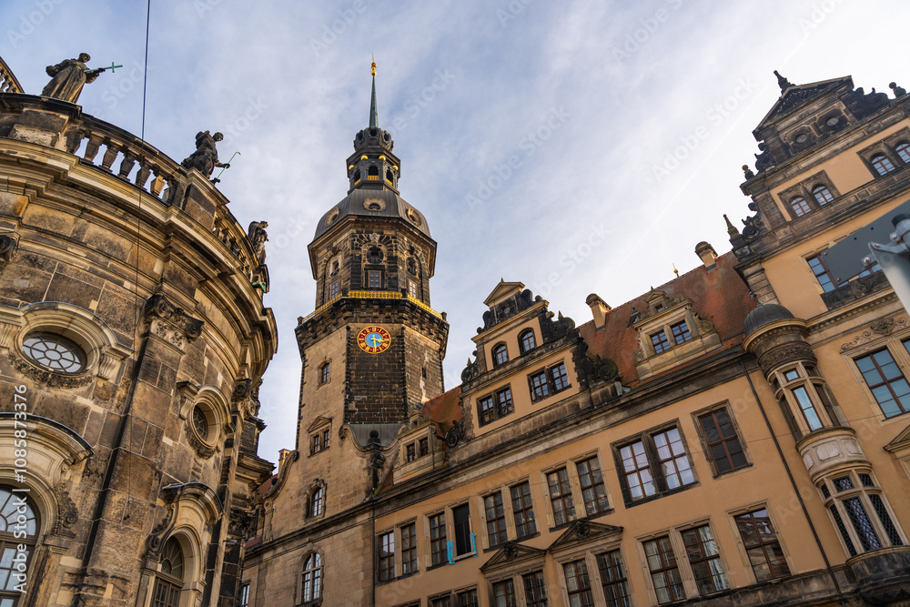 Low angle view of roofs and dome in historic centre of Dresden, Germany Low angle view of roofs and dome in historic centre of Dresden, Germany