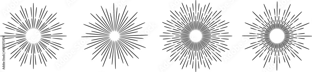 Retro sunburst vector illustration, linear elegant sun ray, line art burst set Retro sunburst vector illustration, linear elegant sun ray, line art burst set
