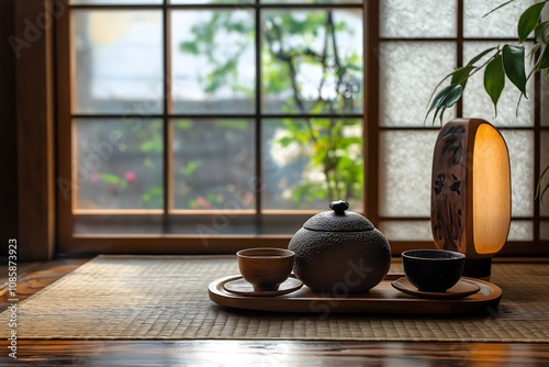 Traditional Japanese Tea Room with Shoji Screens, Tatami Flooring, Tea Set on Wooden Tray, Serene Ambiance