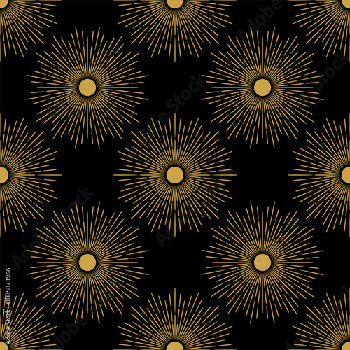Sunburst art deco black and gold elegant vector repeat sun print design