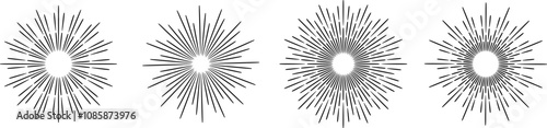 Retro sunburst vector illustration, linear elegant sun ray, line art burst set