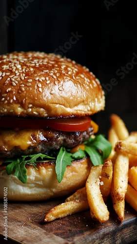 A delicious cheeseburger features a perfectly seared patty, melted cheese, fresh tomato, and arugula on a sesame bun
