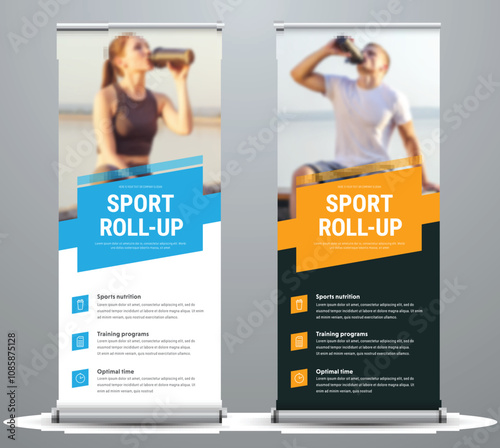 Templates of vector white and black roll-up banners on the theme of sport and sports nutrition, with a place for photos.