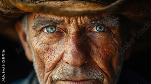 Close up portrait of an elderly man with striking blue eyes