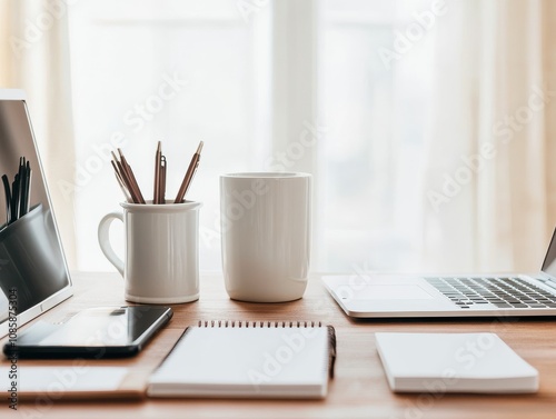 Minimalist workspace with coffee and tools