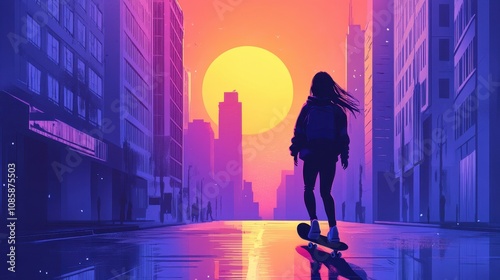 Girl Skateboarding City Sunset Vibrant Colors