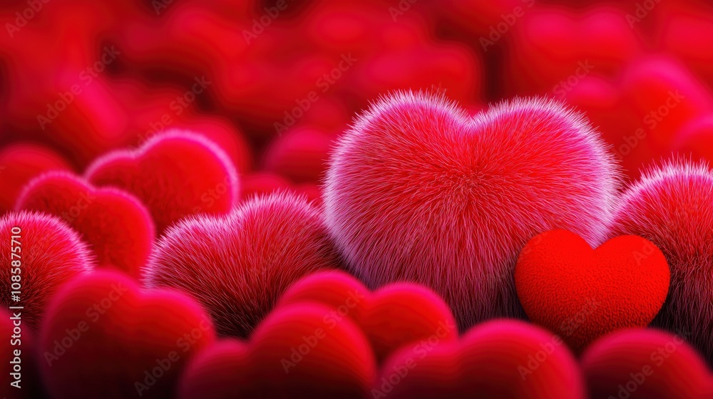 Close-up of vibrant, fluffy textured plush red Valentine hearts with soft, furry surfaces arranged in a romantic, abstract pattern. Perfect for love, Valentine’s Day, or romance concepts. Close-up of vibrant, fluffy textured plush red Valentine hearts with soft, furry surfaces arranged in a romantic, abstract pattern. Perfect for love, Valentine’s Day, or romance concepts.