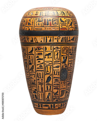 Photography of Hieroglyphic-Covered Ancient Egyptian Ceramic Vase on Clean White Background