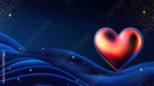 Red and navy 3D Valentine heart with copy space on a navy background featuring golden glitter and stars, ideal for Valentine’s Day designs or backgrounds.