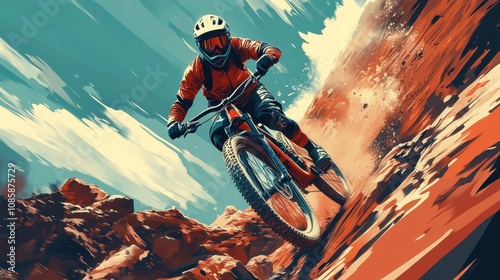 Mountain Biker Descending Rocky Terrain During Sunny Day