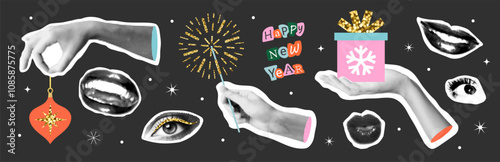 Happy New Year and Merry Christmas. Vector set with trendy halftone elements and gold glitter for collages design, retro banners and vintage posters.