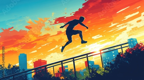 Silhouette Man Leaps Over Urban Rail During Sunset
