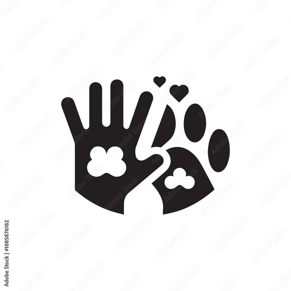 Minimalist human and dog paw high five gesture logo. Lovely pet icon concept Minimalist human and dog paw high five gesture logo. Lovely pet icon concept