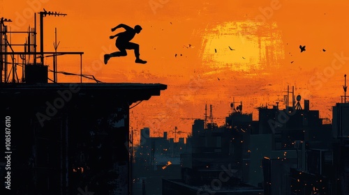 Silhouette of a Man Leaping Across Buildings at Sunset