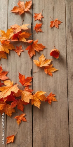 Wooden table adorned with vibrant orange leaves, creating a cozy autumn atmosphere, blurred, autumn