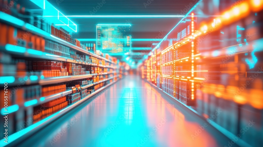 Futuristic supermarket aisle with neon lights.