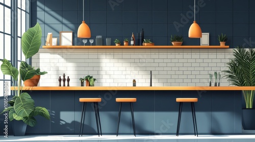 Modern Kitchen Design With Orange Accents And Greenery