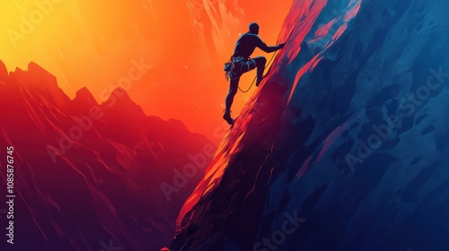 Silhouette Climber Ascending Steep Rocky Mountain at Sunset
