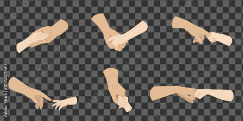 A set of illustrations showing an adult's hand interacting with a child's hand in various poses. The designs symbolize care, trust, protection, love, and the strong bond between generations.