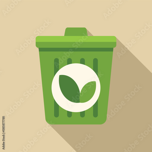 Green trash can with leaf symbol promoting biodegradable waste disposal and environmental protection