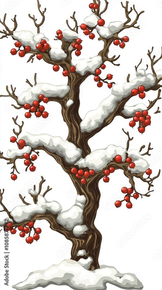Fototapeta premium Snow-Covered Winter Tree with Red Berries - Festive Holiday Illustration