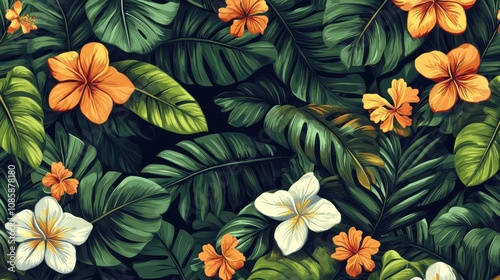 Lush Tropical Floral Pattern With Vivid Orange And White Blooms