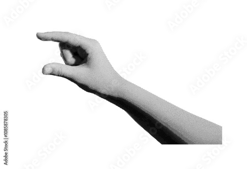 Hand gesture with two fingers showing invisible size, close up in retro halftone style. Vintage 1990s inspired element with grunge texture, perfect for trendy designs. Childlike