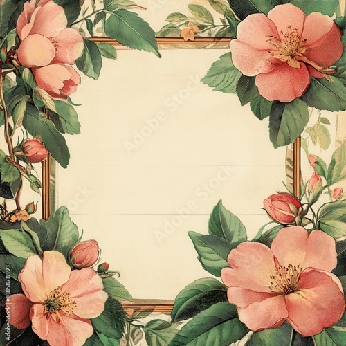 Vintage Floral Frame With Peach Roses and Greenery