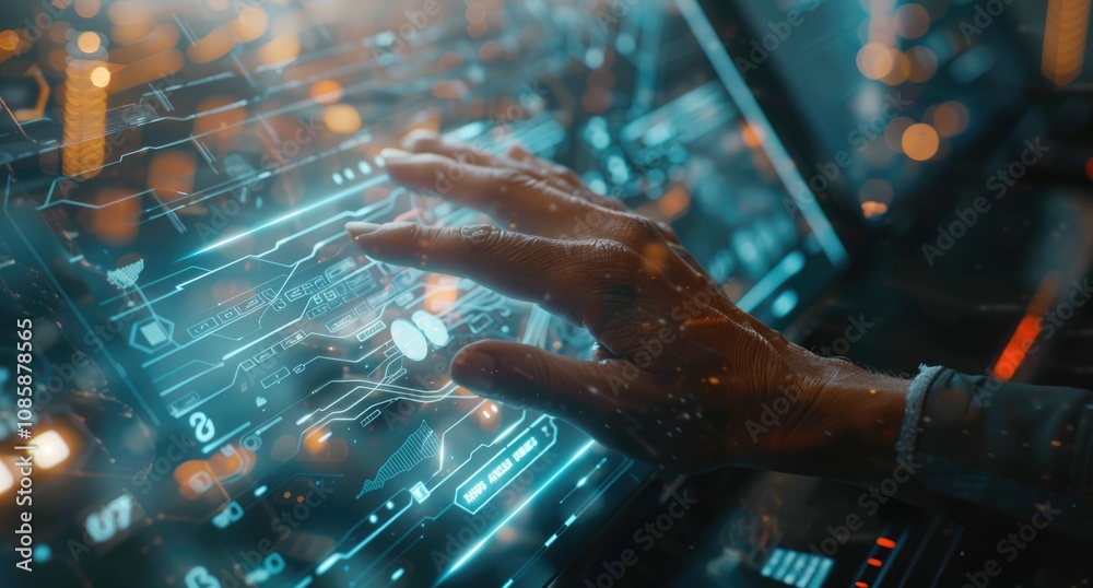 A Hand Interacting with Futuristic Technology A Hand Interacting with Futuristic Technology
