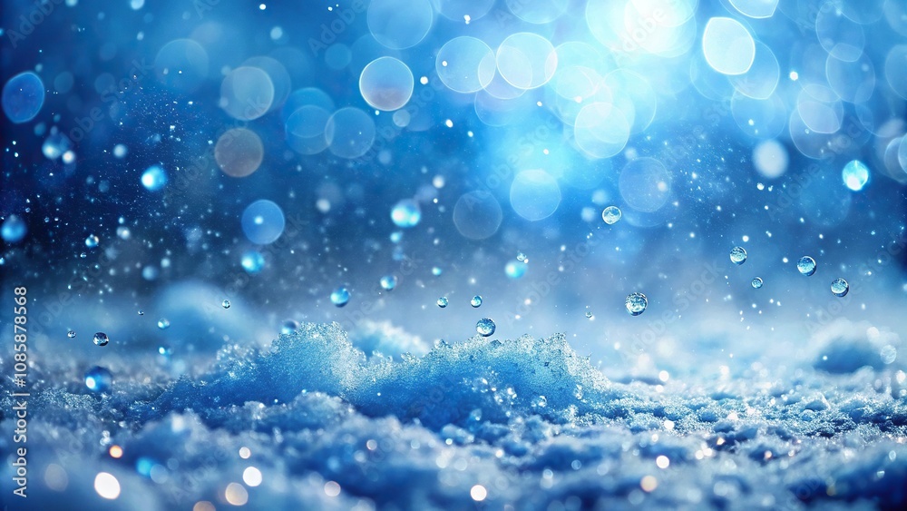 Cold snow falling background with water drops and white ice blur bokeh, set against a sparkling blue background in macro view. Cold snow falling background with water drops and white ice blur bokeh, set against a sparkling blue background in macro view.