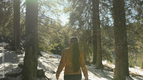Slow motion camera follows active young brunette woman hiker in yellow jacket walking trough forest with snow melting falling from the trees in winter season