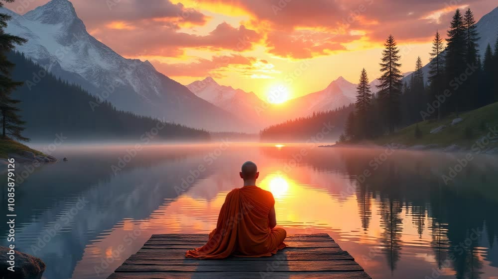 A reflective monk meditating by a still lake at sunset, capturing the golden hues of the sky and surrounding mountain serenity