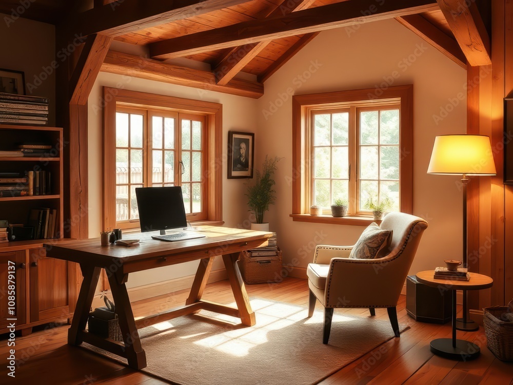 Home office with windows and wooden table. Desk, computer, armchair, plants Home office with windows and wooden table. Desk, computer, armchair, plants