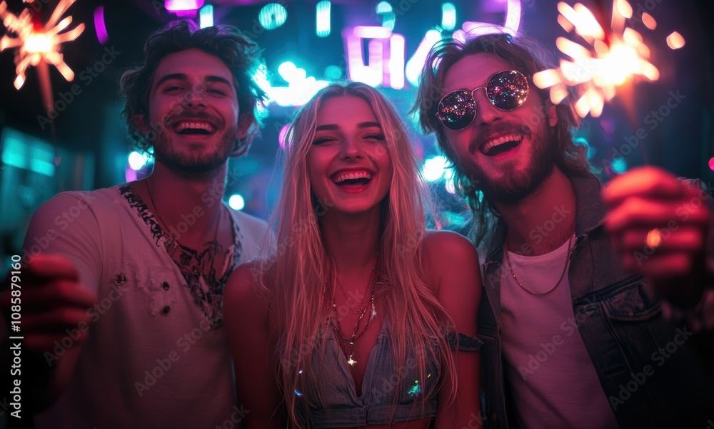 groups of women friends celebrating at a neon-lit party, holding sparklers that illuminate their joyful expressions. groups of women friends celebrating at a neon-lit party, holding sparklers that illuminate their joyful expressions.