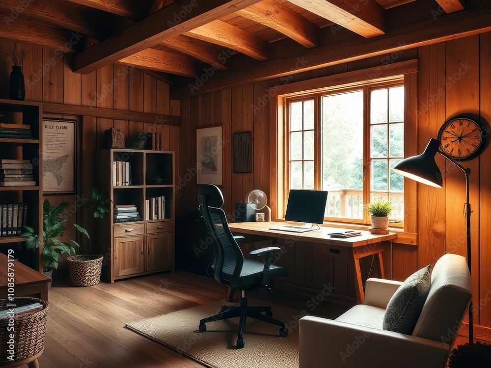 Home office with windows and wooden table. Desk, computer, armchair, plants Home office with windows and wooden table. Desk, computer, armchair, plants