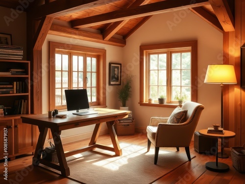 Home office with windows and wooden table. Desk, computer, armchair, plants