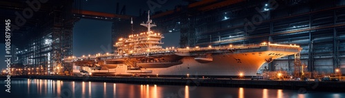 Large aircraft carrier in a docking facility