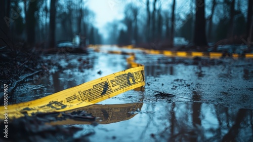 Yellow Warning Tape in Floodwater Near Trees